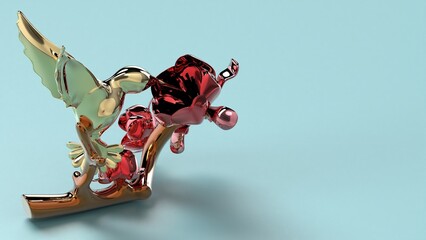 Fototapeta premium beautiful love bird crystal flower color background wallpaper gold gem 3d render