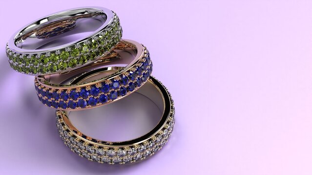 beautiful men female band silver or gold or paltinum colour stones 3d render