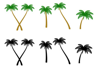 Collection of palm trees in color and silhouette - Vector Illustration