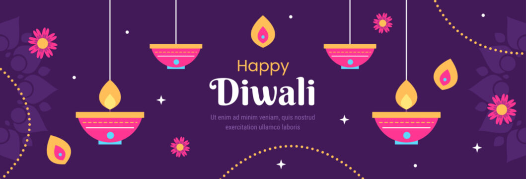 Happy Diwali Day Horizontal Banner Vector Flat Design