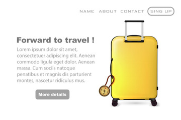 Realistic plastic suitcase. Red travel bag isolated on white background. Traveling banner template. Vector Illustration