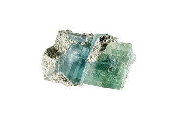 Brucite mineral magnesium hydroxide, fused green blue crystals. Museum Mineral Series. Mineralogical sample isolated on white