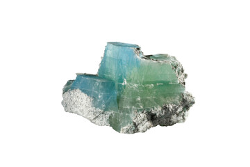 Brucite mineral magnesium hydroxide, fused green blue crystals. Museum Mineral Series. Mineralogical sample isolated on white