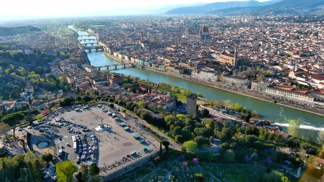Florence beautiful aerial landscape and above panorama Ponte Vecchio, Palazzo Vecchio, Cathedral Santa Maria Del Fiore and Basilica di Santa Croce from Piazzale Michelangelo in Tuscany, Italy