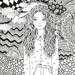 Cute girl in a shirt and bird. Coloring book page for adult. Black and white abstract fantasy picture. Mountains, sun. Doodle, zentangle style.