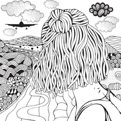 The girl is looking into the distance. The plane flies away above the clouds. Long road and mountains. Anti stress Coloring Book page for adult. Black and White. zentangle art, doodle style. 