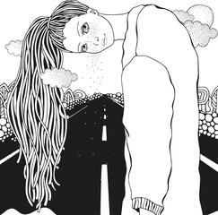 Girl and long car highway. Doodle landscape. Anti stress Coloring Book page for adult. Black and White vector. Zen Art, doodle style.