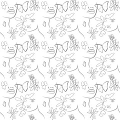 A continuous line drawing with a female face, leaves. Vector seamless pattern. Linear background of nature. The concept of fashion, minimalism. Modern design. Abstraction.