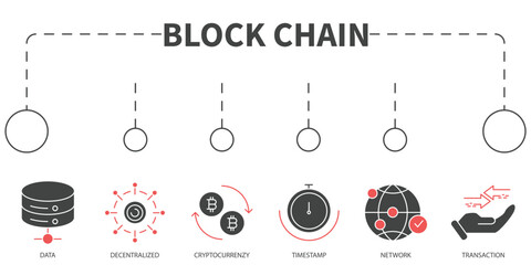Block chain Vector Illustration concept. Banner with icons and keywords . Block chain symbol vector elements for infographic web