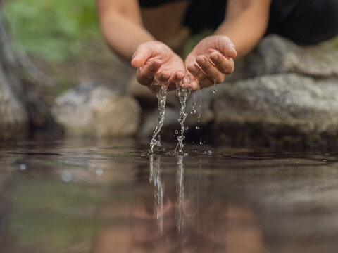 Close-up image of hands cupping water from a stream in a forest 