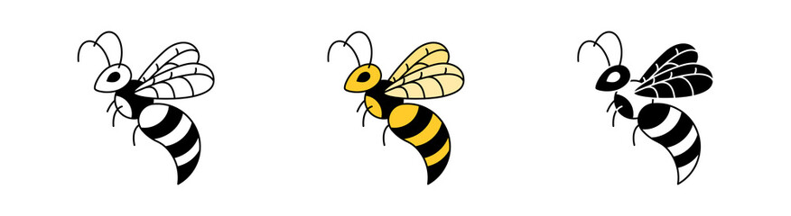 Simple minimalism icon insect bee or wasp in three variations. Side view. Outline, colorful and silhouette vector flat illustration