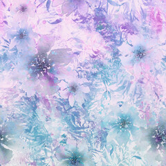 Fototapeta na wymiar watercol vintage pattern, flowers. Plant in watercolor. Mimosa, acacia, plants on a branch. Blossoming acacia or caragana tree. Fashionable background. Abstract splash of paint. pansies, viola, field