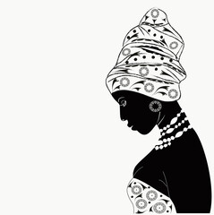 Black African American woman in a turban. Profile silhouette. Banner. White and black. Symbols, ethnicity. Floral print avatar. Digital  illustration. Sample - obrazy, fototapety, plakaty