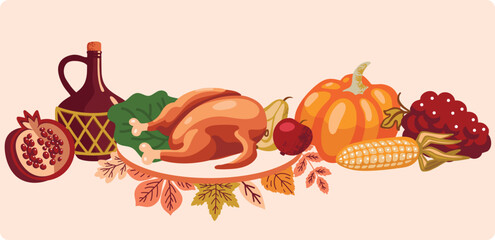 Thanksgiving day table. Vector food illustration