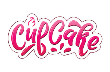 Cupcake logo. Pink volume letters with cream and drop inside outline. Vector hand lettering.Logo for bakery desserts sweet products packaging cupcakes pastry confectionary. Simple creative calligraphy