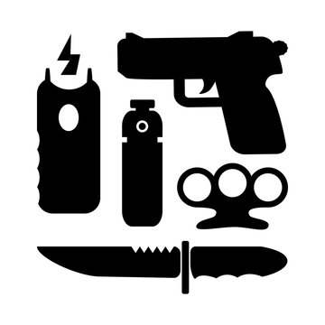 weapons or self defense equipment, icons set isolated on a white background