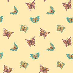 Seamless pattern with colorful cartoon butterflies in retro style on a beige background. For textile, wrapper, background.