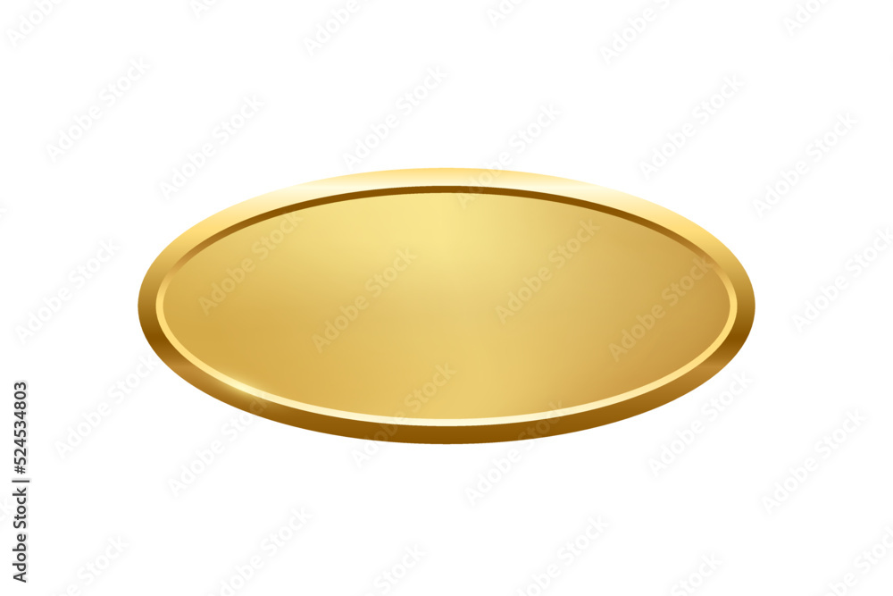 Poster gold ellipse button with frame vector illustration. 3d golden glossy elegant oval design for empty e