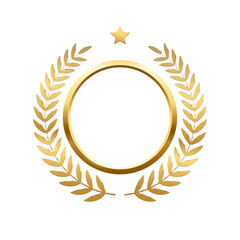 Gold round frame, stars and circular wreath from olive leaf, 3d golden anniversary medal