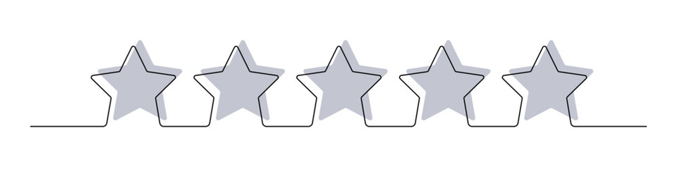 Product quality rating or customer review with five grey stars with black continuous line vector illustration. Assessment linear symbols for critic feedback service, evaluation survey, mobil app