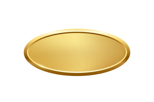 Gold ellipse button with frame vector illustration. 3d golden glossy elegant oval design for empty emblem, medal or badge, shiny and gradient light effect on plate isolated on white background