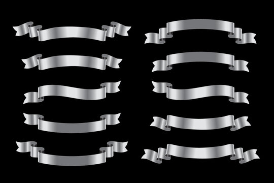Silver luxury ribbons set. Vector metal design elements isolated on black background.