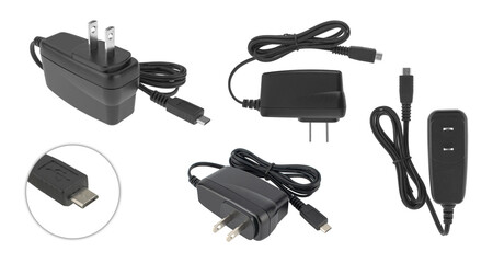 power adapter for laptop tablet, isolated on white background, collage