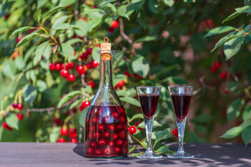 Homemade cherry brandy in glasses and in a bottle on a wooden table in a summer garden