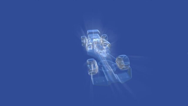 Formula Uno monoposto trasparente e luminosa su fondo blu