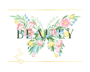Beautiful flower butterfly concept. Colorful poster with insect, blooming plants and slogan or lettering. Design element for logo, postcard and social media. Cartoon flat vector illustration
