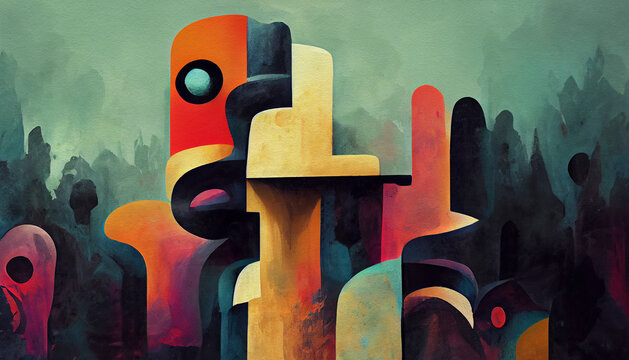 Surreal, abstract digital painting in the style of primitive abstraction. Ethnic motives of African tribes. 3D illustration.