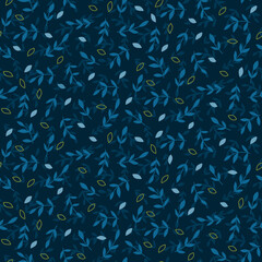 Seamless pattern of leaves on navy background. Summer vector print