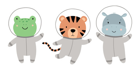 Fototapeta premium Cute animals in space. Hand-drawn frog, tiger, hippo. Cartoon characters in an astronaut costume. Vector illustration