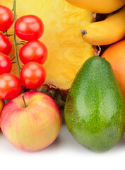 vegetables and fruits isolated on white background. Vertical photo.