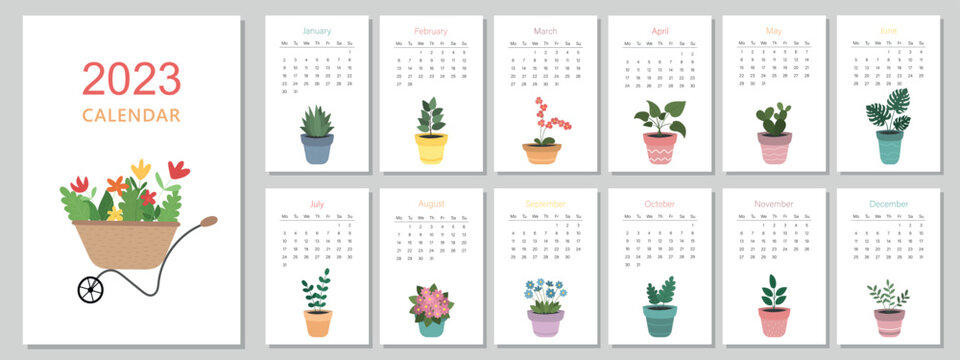 A4 calendar for 2023. Cute potted flowers. A set of pages for 12 months of 2023. Vector illustration. The week starts on Monday.