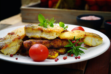 Fried pike perch with potatoes, homemade food. rustic