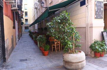 small Spanish outdoor cafe with pot plants design and red table close up photo