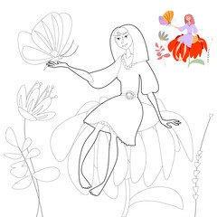 A tiny girl sitting on a big flower with a butterfly on her arm. Thumbelina. Сoloring page. Vector illustration..