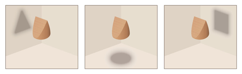 Point of view symbol, matters of opinion. Three different perspectives of a wedge shaped wooden object that casts a round, a triangular and a square shadow on walls and floor. Vector illustration.
