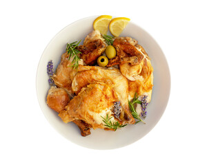 Isolated white dish with grilled chicken slices with crust with sprigs of herbs, lemon and olives on a transparent background. Tasty cooked chicken. Cozy meal