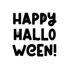 Happy Halloween - groovy vector Halloween quote with spider, ghost and cobweb. Trendy spooky saying for Halloween design, fall decorations, prints. Vector illustration isolated on white