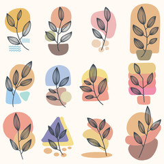 leaf line art boho aesthetic elements set vector illustration