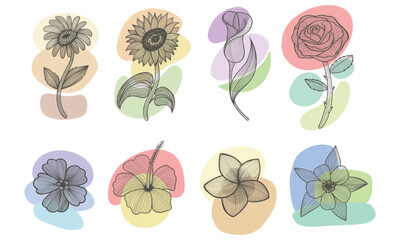 Flower line art boho aesthetic elements set vector illustration