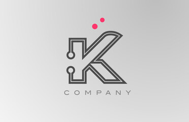pink grey K alphabet letter logo icon design with line and dot. Creative template for business and company