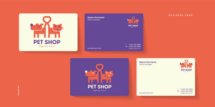 Pet shop business card vector template set.  Pet Shop Vector Logo Illustration is a logo template suitable for any business or personal identity related to animal lovers, veteriner clinics.
