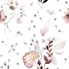 Watercolor Seamless Pattern Background with Autumn Leaves and Dried Flowers