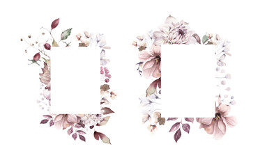 Watercolor Frames with Dahlia, Dried Plants and Leaves.