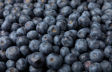 Blueberries background. Ripe and fresh blueberries. Vitamins. Healthy food. Juicy berry.Copy space.Place for text