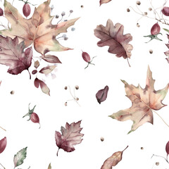 Watercolor Seamless Pattern Background with Autumn Leaves and Rose Hip