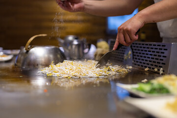 Taiwanese Teppanyaki restaurant grill bean sprout on the pan